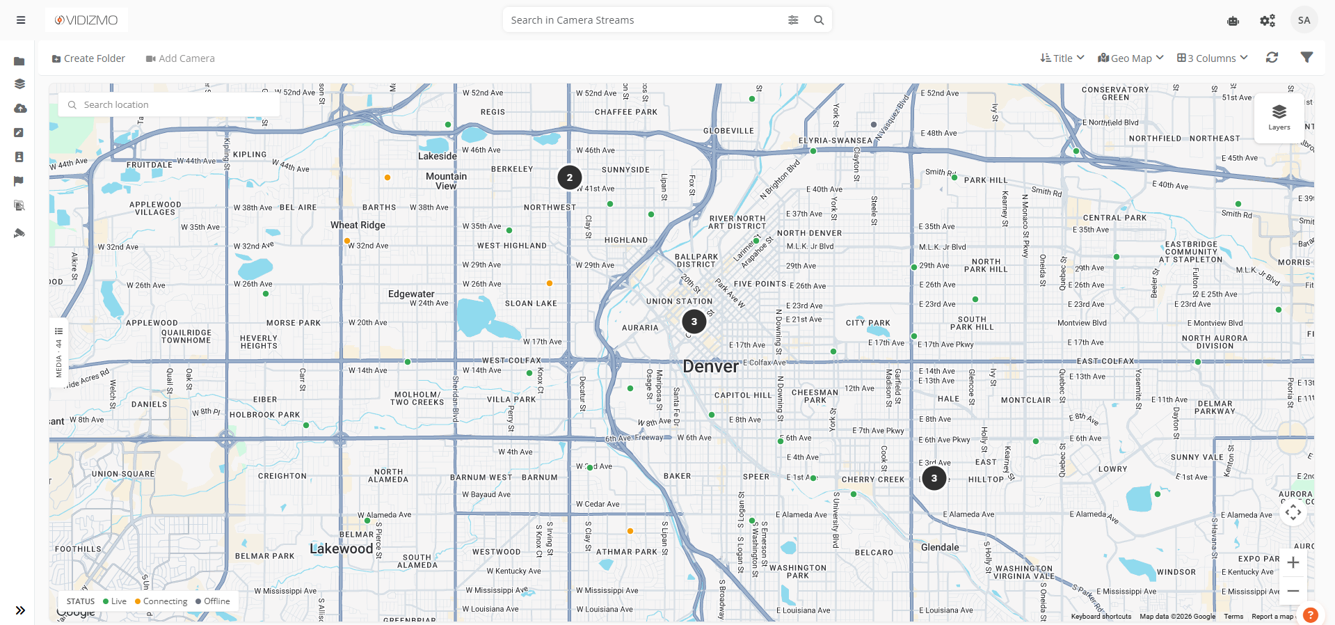 Surveillance map showing color-coded camera markers and status legend